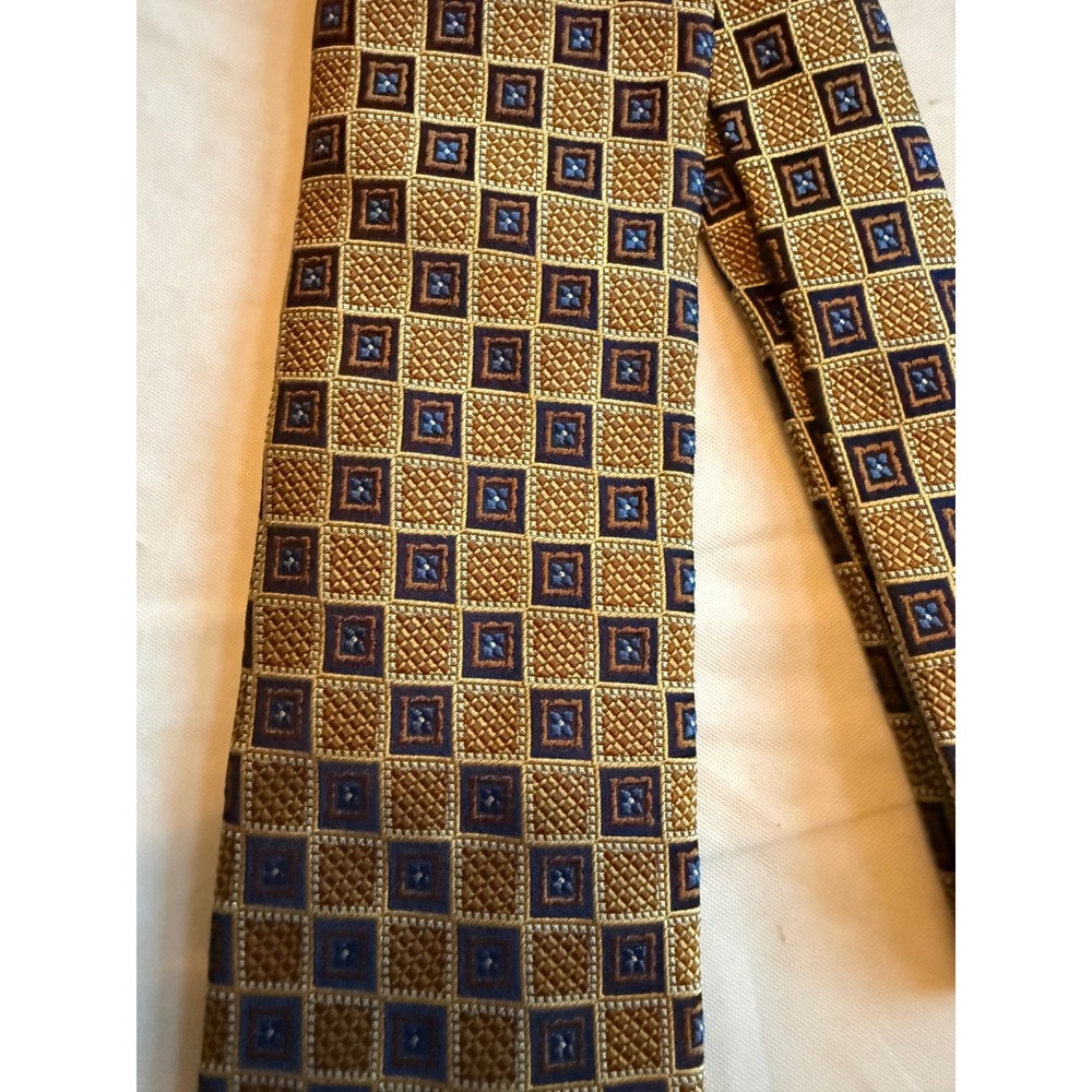 Patrick James Mens Silk Tie Gold Blue Geometric Square Pattern Made in USA